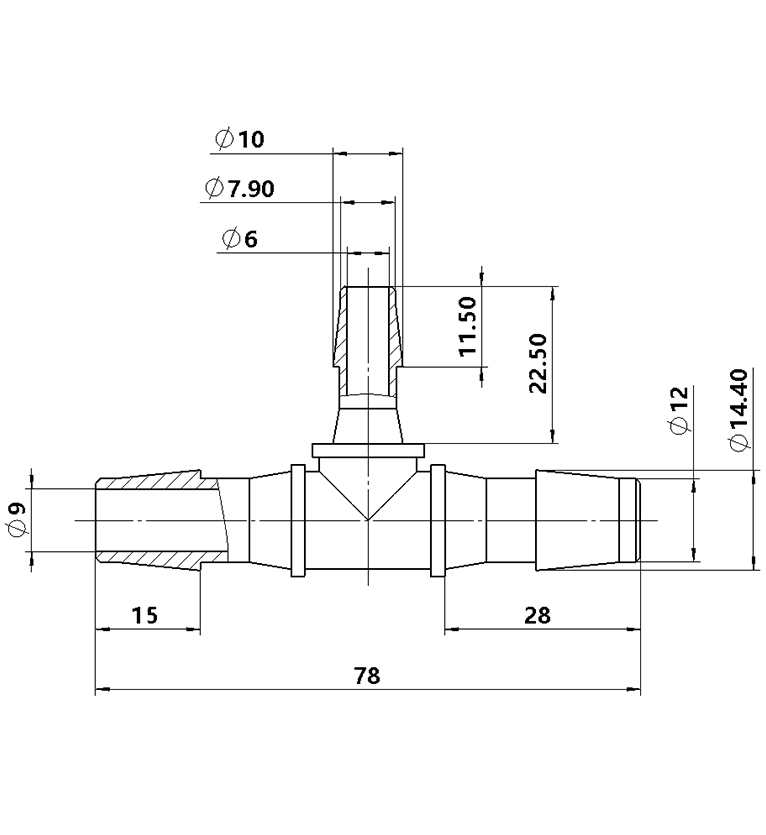 12.7-7.9-12.7mm T型塑料三通